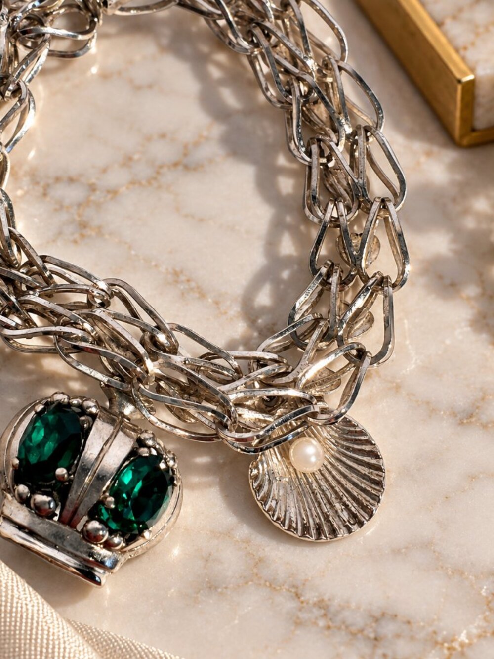 Vintage Sterling Silver Charm Bracelet Crown Emerald Glass Shell Pearl